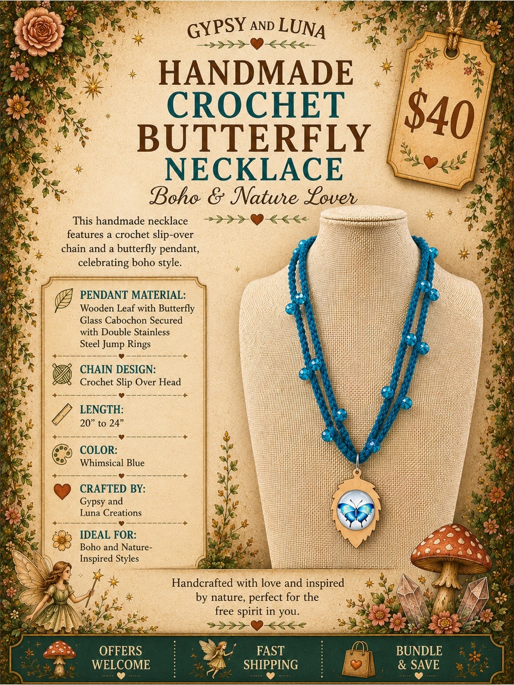Handmade Butterfly Cabochon Crochet Necklace Bohemian Style